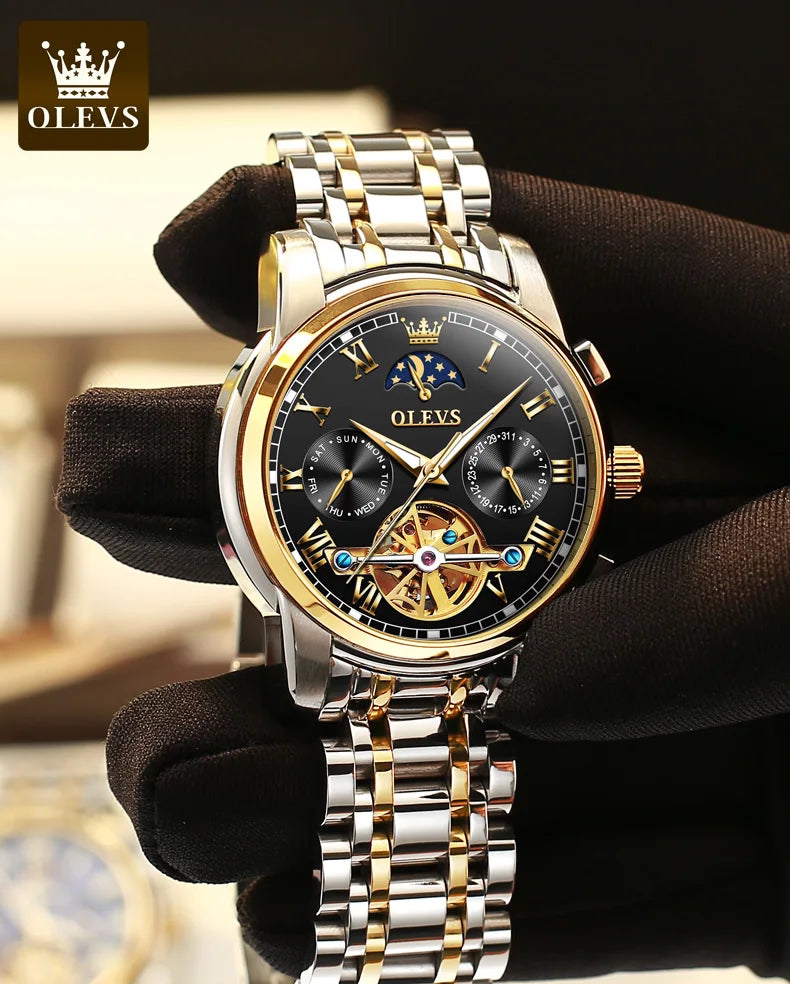 Obsidian Gold (Black + Gold) Zeyo Time Crown Eclipse – Tourbillon Skeleton Moonphase
